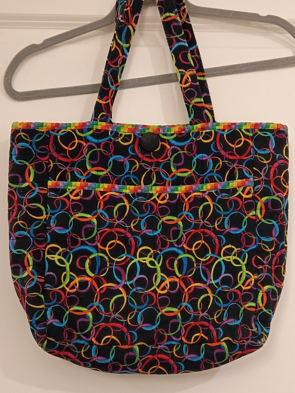 Women's Black Tote Bag with Multicolor Ring Print